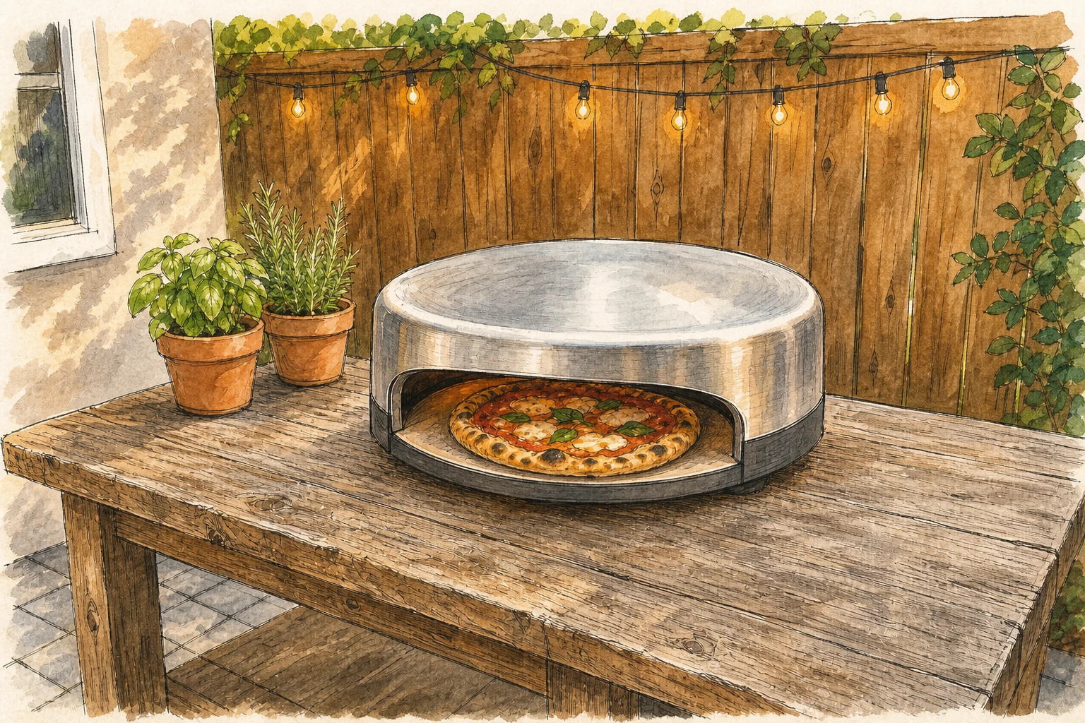 Watercolor editorial illustration representing Solo Stove Pi in use